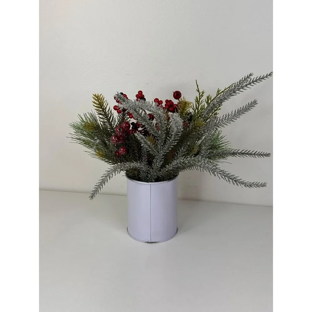 Artificial Christmas Arrangement In White Christmas Market Tin For Holiday Decor